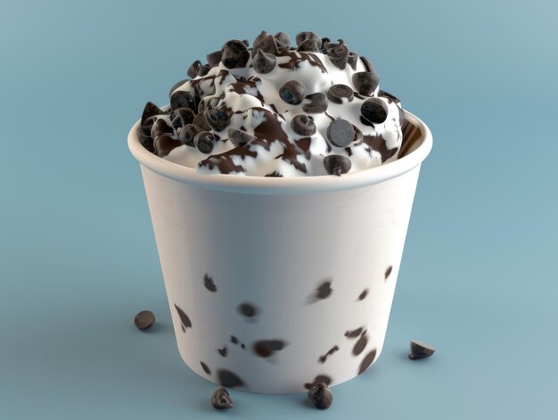 Photo ice cream in paper cup chocolate solid color background high resolution very detailed studio lightin