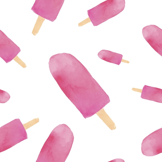 Ice cream pattern. Watercolor seamless backdrop, pink ice cream, hand-drawn, isolated on white background.