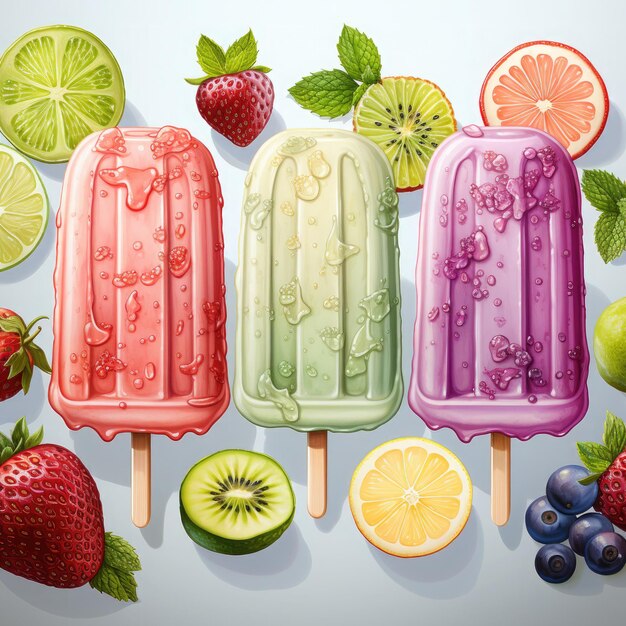 Ice cream popsicle lolly with fruits toppings Pattern design Illustration Generative Ai