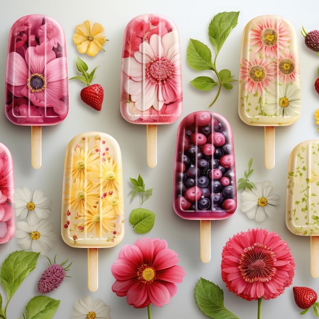 Ice cream popsicle lolly with fruits toppings Pattern design Illustration Generative Ai