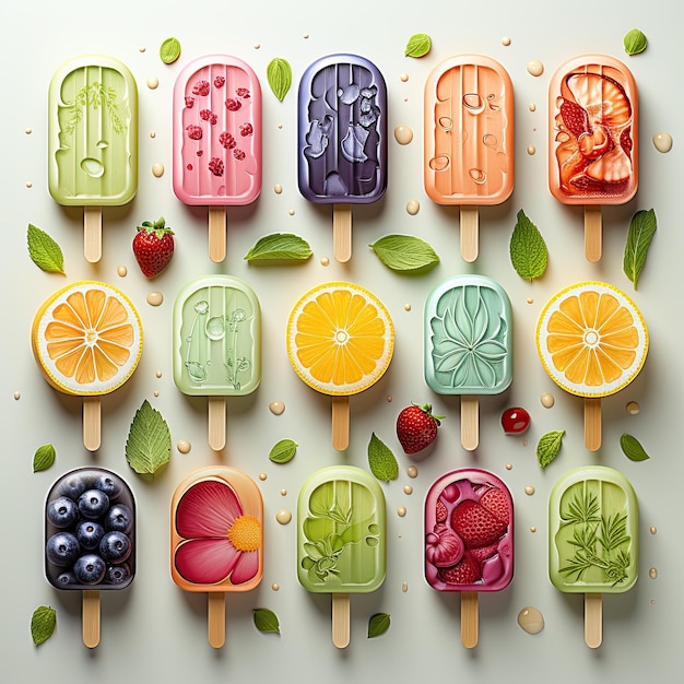 Ice cream popsicle lolly with fruits toppings Pattern design Illustration Generative Ai