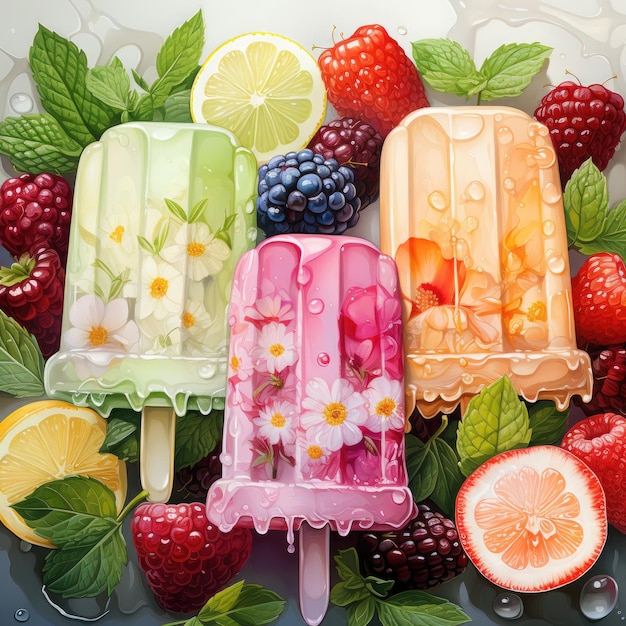 Ice cream popsicle lolly with fruits toppings Pattern design Illustration Generative Ai