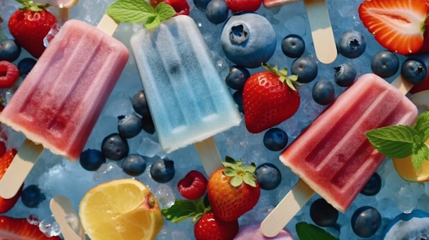 Ice cream popsicles with fruit berries and ice top view flat lay Summer dessert frozen fruit juice