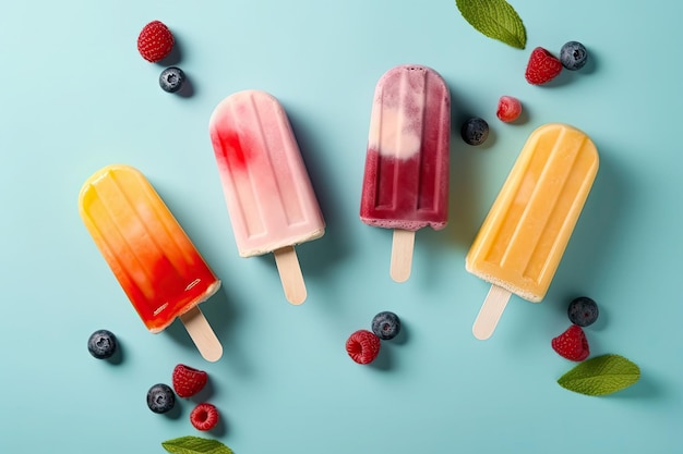 Ice cream popsicles with fruit and berries on pastel background Generative AI