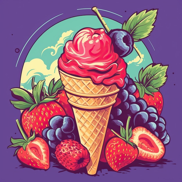 Ice cream retro style 1980s poster ice cream with fruits flat high quality ai image generated