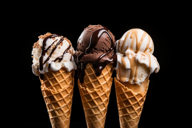 Ice cream scoop on waffle cone isolated on black background