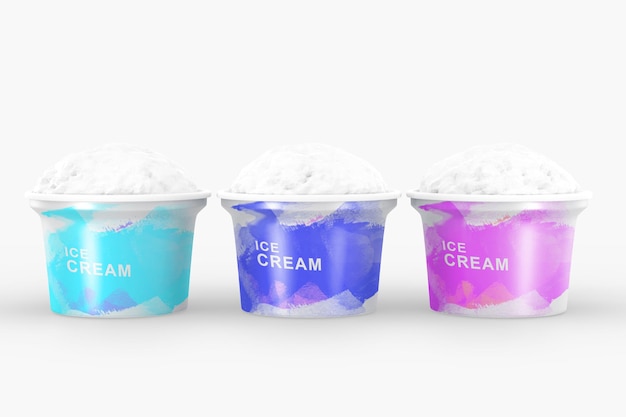 Ice cream scoops in cups 3d render Realistic set of plastic or paper buckets food containers isolated on white background Watercolor packaging design for cold summer milk dessert with various taste