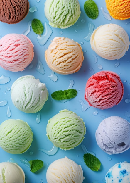 Ice cream scoops of different colors blue background with berries