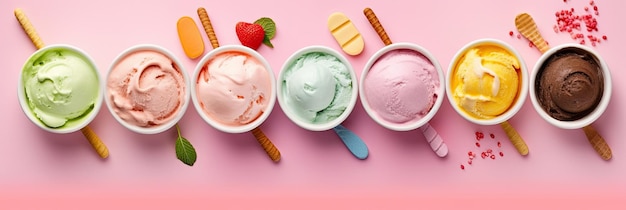 Ice Cream Set of bowls with various colorful Ice Cream scoops with different flavors and fresh ingredients on pink background Generative Ai