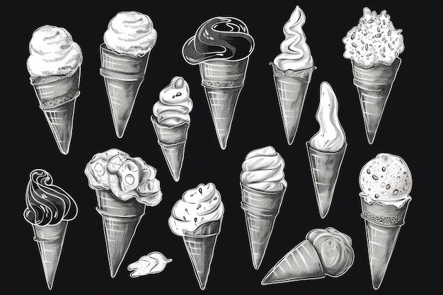 Ice cream set hand drawing vector with black background