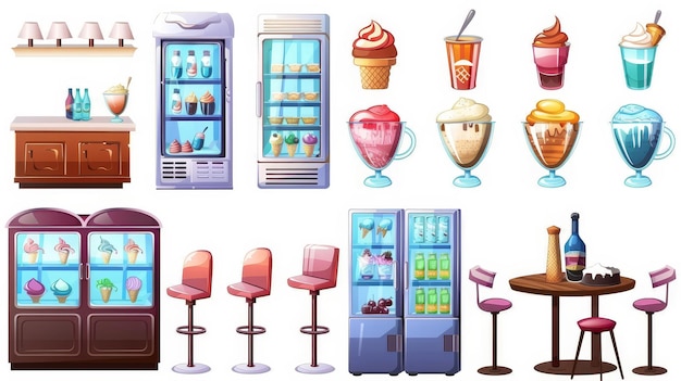 An ice cream shop or cafe39s interior equipment set A showcase of ice cream flavors refrigerators chairs and lamps isolated on a white background