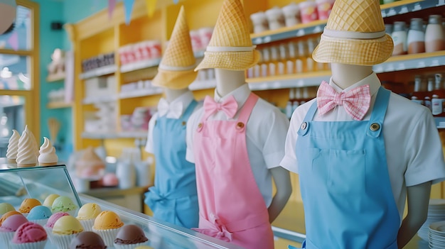 Photo ice cream shop mannequins with waffle cone hats