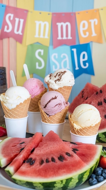 Photo ice cream and slices of watermelon summer sale