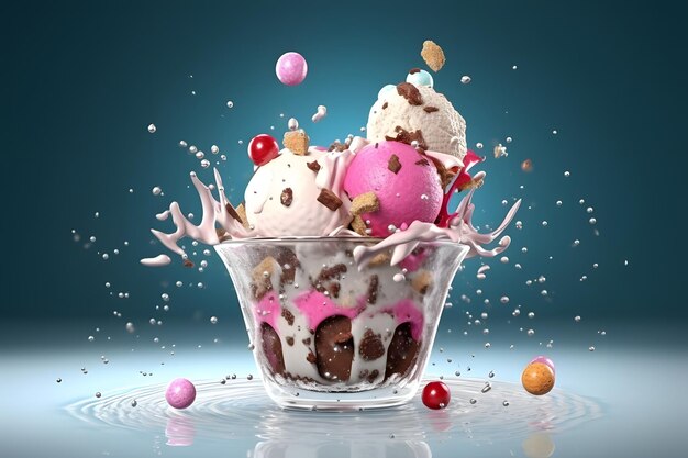 Ice cream splashing in a glass bowl