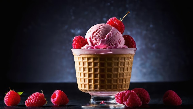 Ice Cream Sundae in a Waffle Cone Topped with Fresh Berries and a Chocolate Sauce Drizzle