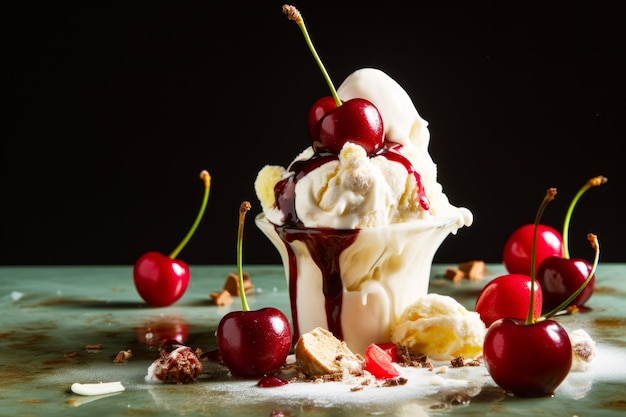 Ice cream sundae with cherries and whipped cream on table Generative AI