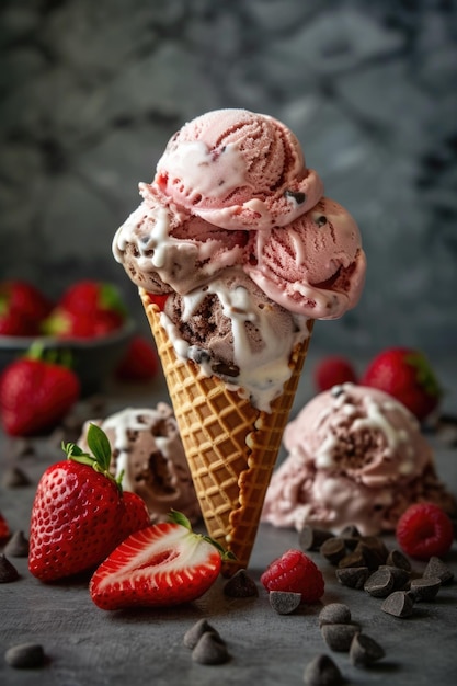 Ice Cream Sundae with Strawberries and Chocolate Chips