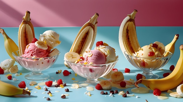 Photo ice cream sundaes with banana boat toppings on a blue background