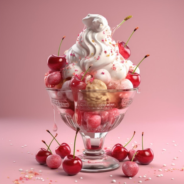 Ice cream sunday delicious glistening cherries marshmallows AI Generated