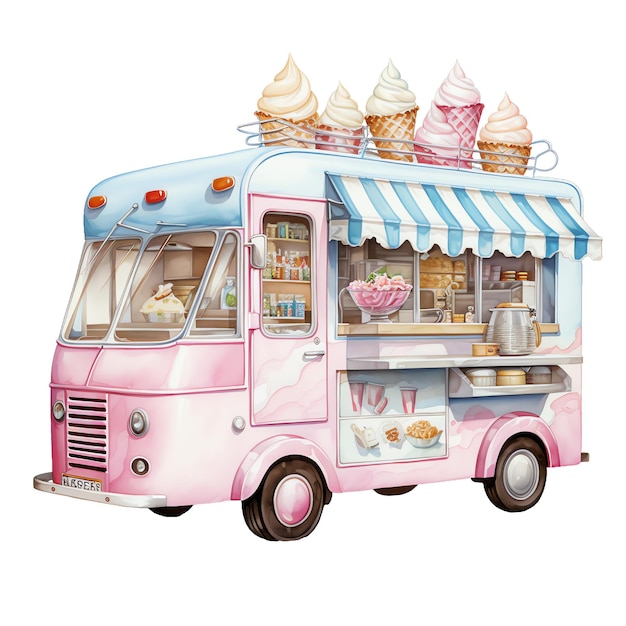 ice cream and sweets food truck street food watercolor illustration