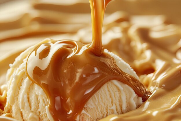 Photo ice cream topped with caramel sauce