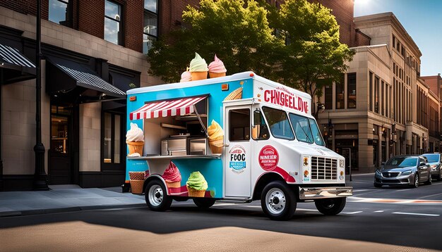 Photo ice cream truck parked along a sunlit street