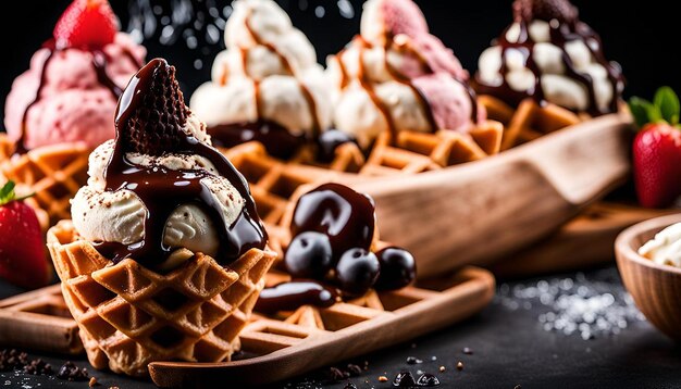 Photo ice cream in a waffle cone on a black background selective focus