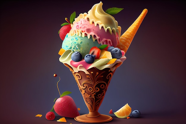 Ice cream in a waffle cone on a dark background 3d rendering Generative Ai