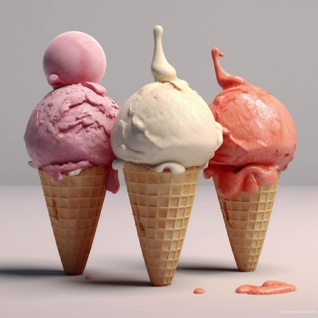 Ice cream in waffle cone on a grey background with copy space