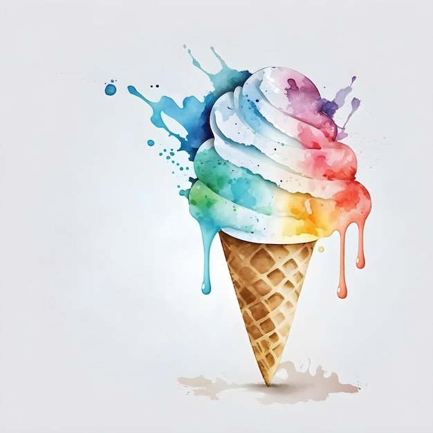 Ice cream waffle cone logo watercolor illustration