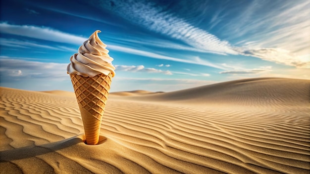 Photo ice cream in waffle cone on sandy desert background wideangle shot snack cone confectionery