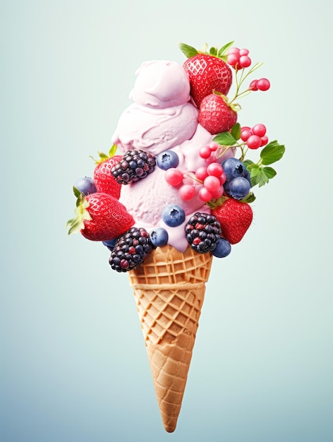 Ice cream waffle cone with creamy swirls and fresh berries on a light background Summer refreshing dessert concept