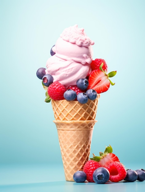 Ice cream waffle cone with creamy swirls and fresh berries on a light background Summer refreshing dessert concept