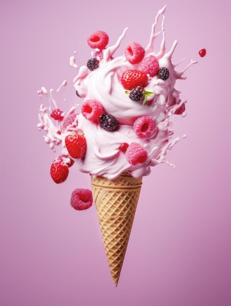 Ice cream waffle cone with creamy swirls sprinkles and fresh berries on a pink background Summer refreshing dessert concept