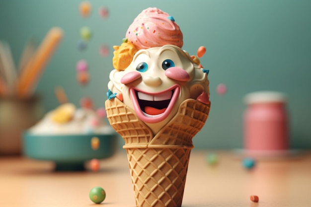 Ice cream in waffle cone with funny face and sprinkles on table