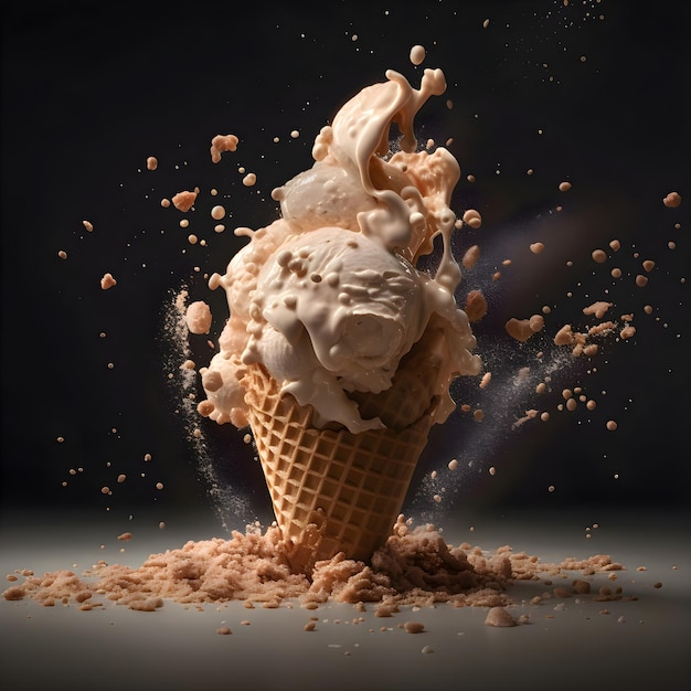 Ice cream in waffle cone with splashes of chocolate and caramel on grey background