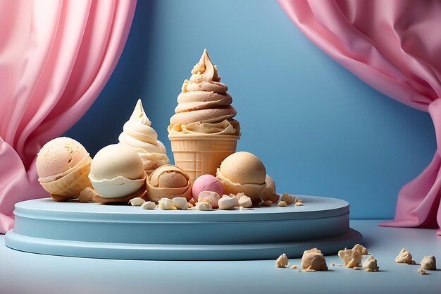 ice cream in waffle cones on blue podium background with Copy space