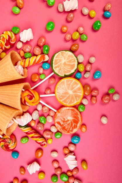 Ice cream waffles cones with colorful candy