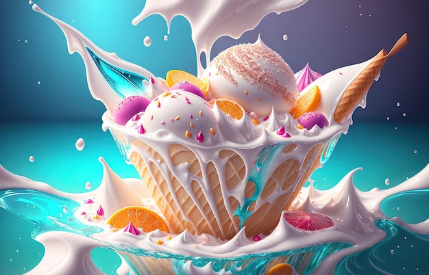 ice cream in water splash realistic composition