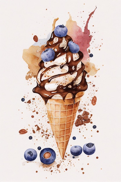 Ice cream watercolor illustartion Blueberry ice cream in waffle cone poured with chocolate AI generative