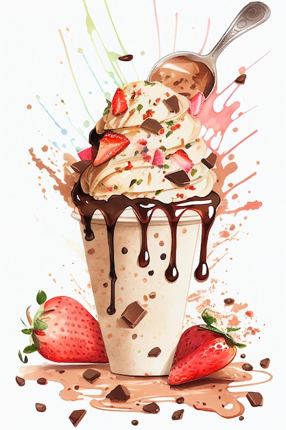 Ice cream watercolor illustration Ice cream with strawberry and chocolate AI generative