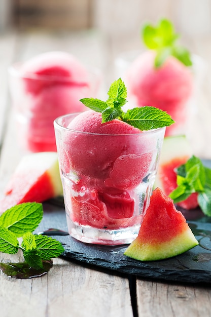 Ice cream wirh watermelon and mint