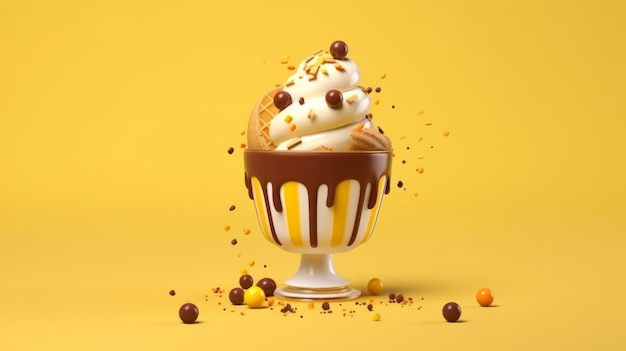 Ice cream with chocolate and caramel on a yellow background