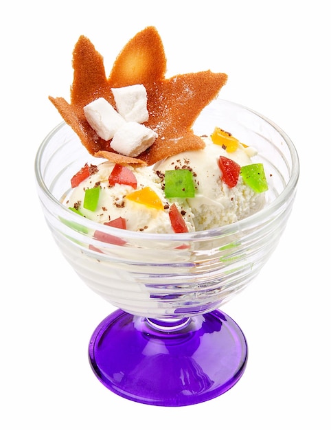 Ice cream with colored candied fruits On white background Meals for children