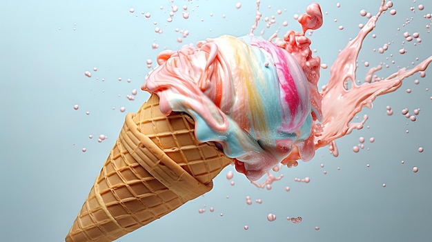 Ice cream with cone and swirl splash generated by AI