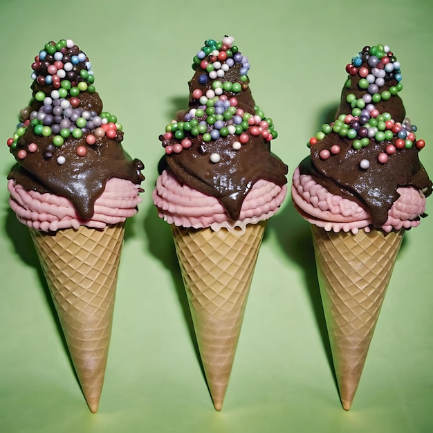 Photo ice cream with cones the chocolate topping beads isolated