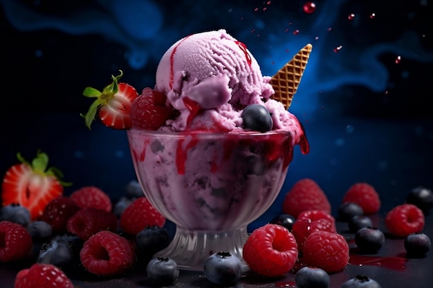 Ice cream with fresh berries on the dark background