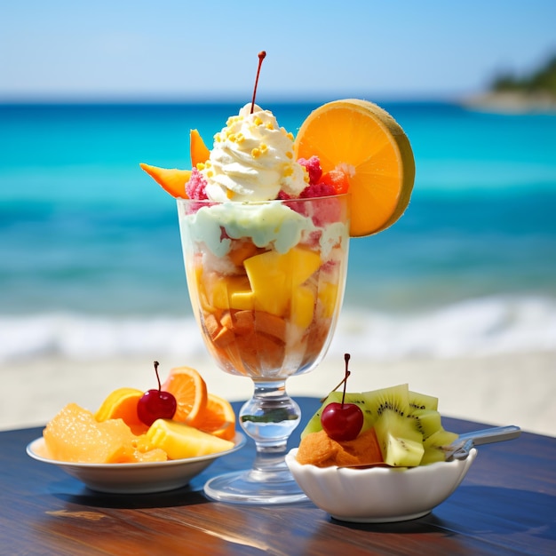 Ice cream with fruits in a dessert glass