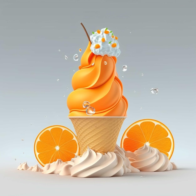 An ice cream with orange and white toppings and orange slices