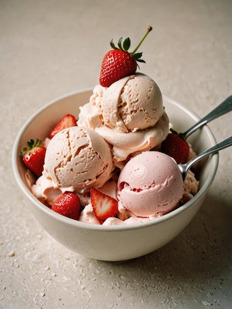 Ice cream with strawberries in a plate